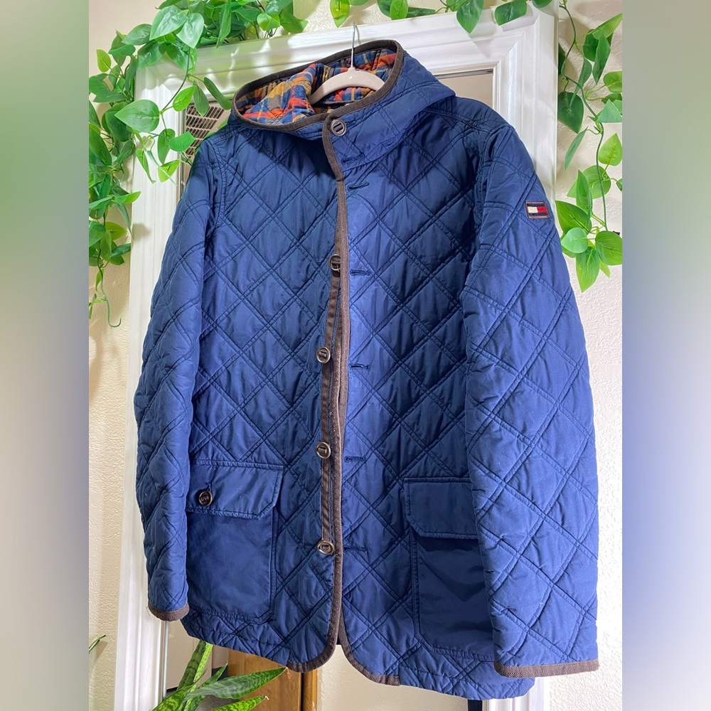 Tommy Hilfiger Mens Quilted Barn Jacket Coat with Hood Navy Blue